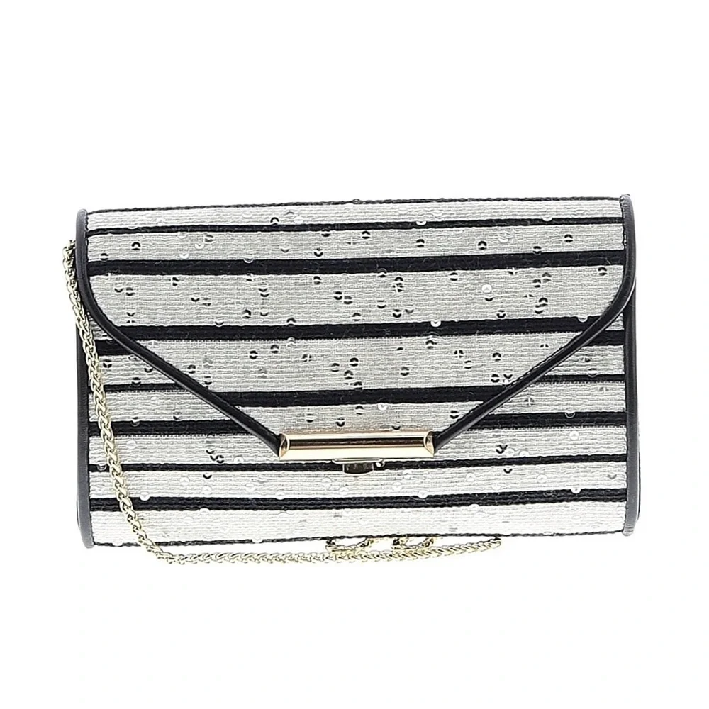 LK BENNET White Black Striped Beaded Lucy Flap Clutch Crossbody Chain Purse Bag